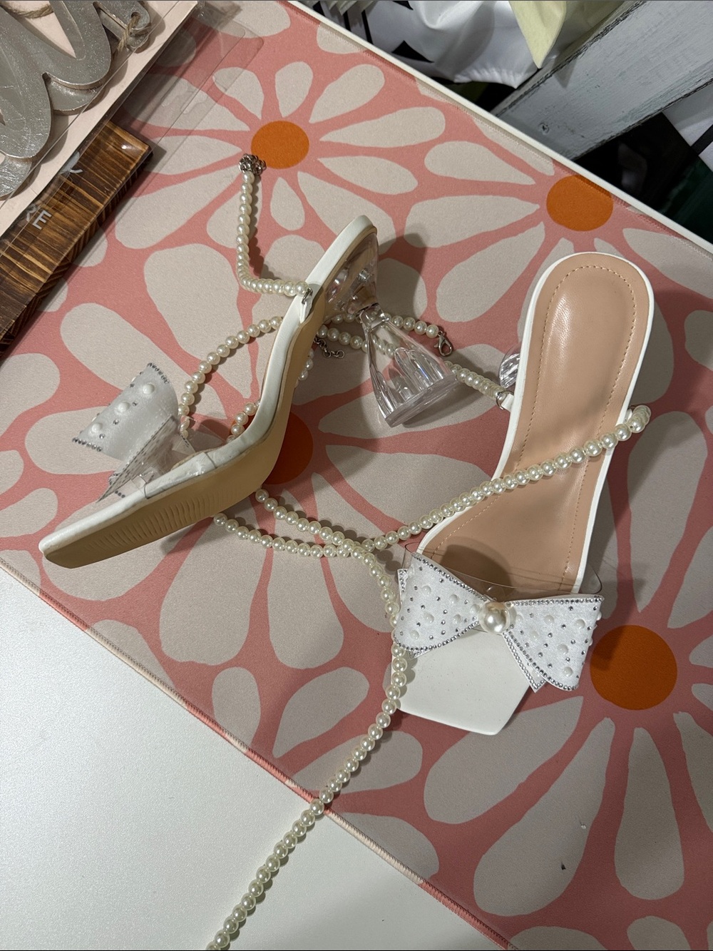 White Pearl-Bow Heeled Sandals for Women